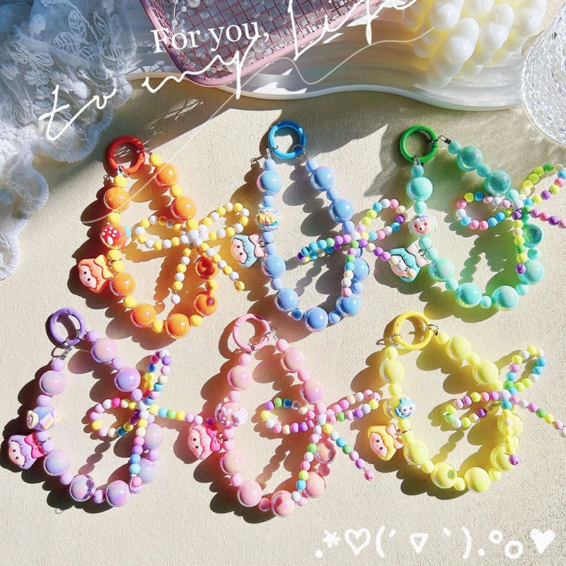 Cute Bowknot Beads Phone Chain Keychain Sweet Girl Anti-lost Wrist Strap Bracelet Earphone Case Charm Bag Decor