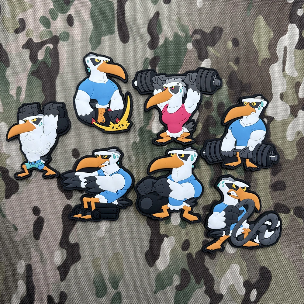 1Pc Six Unique Cartoon Fitness Training Seabird Designs 2D Flat Pvc Material Glow-In-The-Dark Patch with Matching Soft Rubber Armband Trendy Fitness Military Style Suitable for Backpacks, Workwear, Hats, Decoration, Personalized Fun Morale Patch