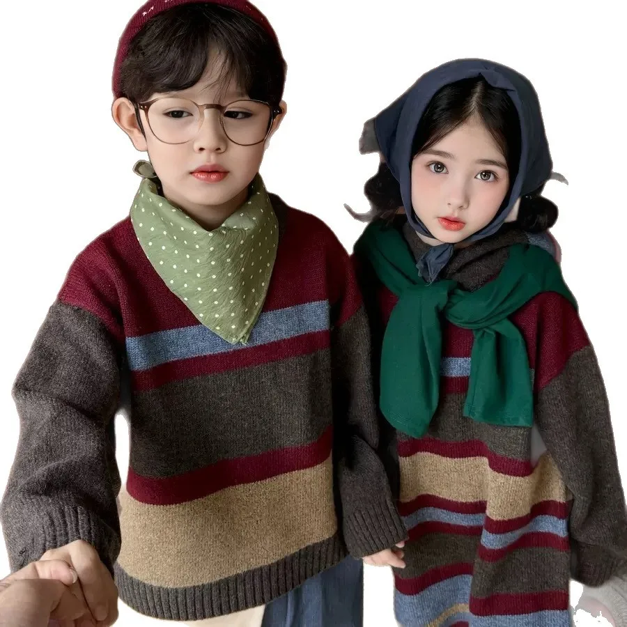 Sweter w paski dla chłopców i dziewcząt, dziecięcy, z okrągłym dekoltem, nowy, uniwersalny, luźny sweter z dzianiny, jesień-zima 2025