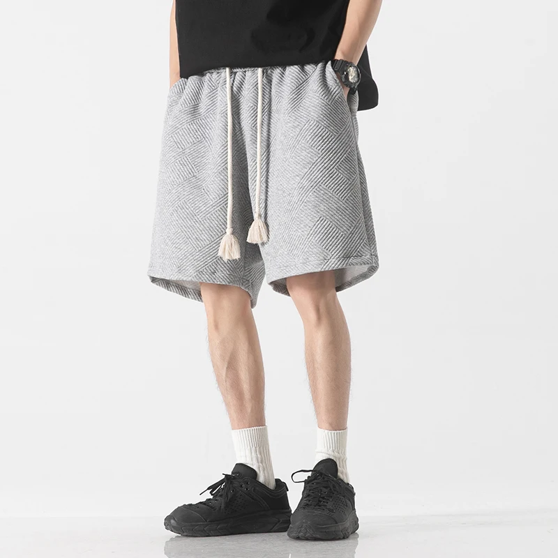 Streetwear Trend Versatile Summer Casual Shorts Men\'s Solid Pockets Elastic Waist Drawstring Loose Straight Knee Length Pants