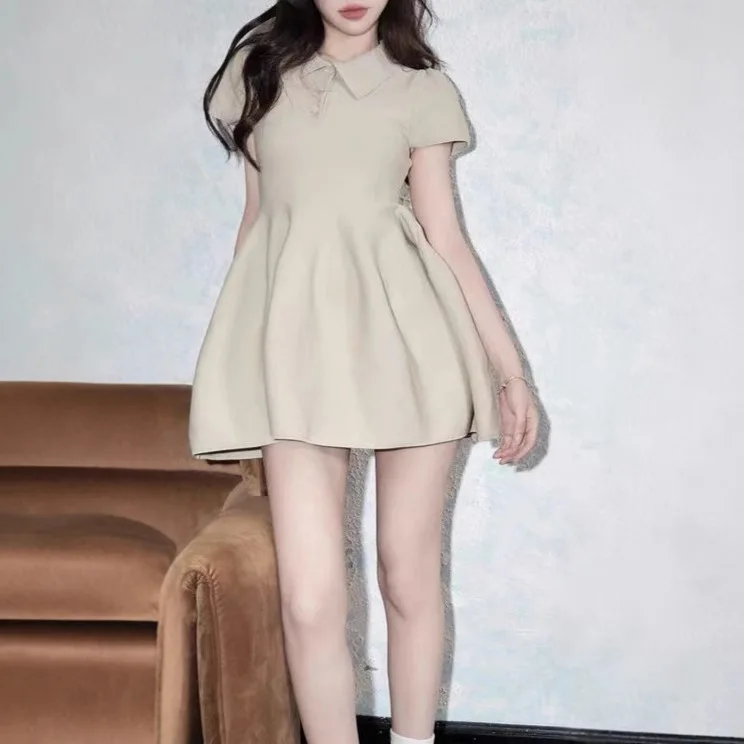 여름 새 셔츠 칼라 탄성 인형 틈새 패션 허리 슬리밍 a 라인 짧은 치마 점프 슈트