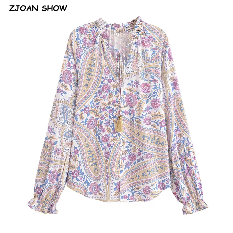 3 colors BOHO Tassel Bandage Lacing up V neck Flower Print Women Shirt Holiday Loose Raglan Full Sleeve Blouse Beach Tops