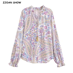 3 colors BOHO Tassel Bandage Lacing up V neck Flower Print Women Shirt Holiday Loose Raglan Full Sleeve Blouse Beach Tops