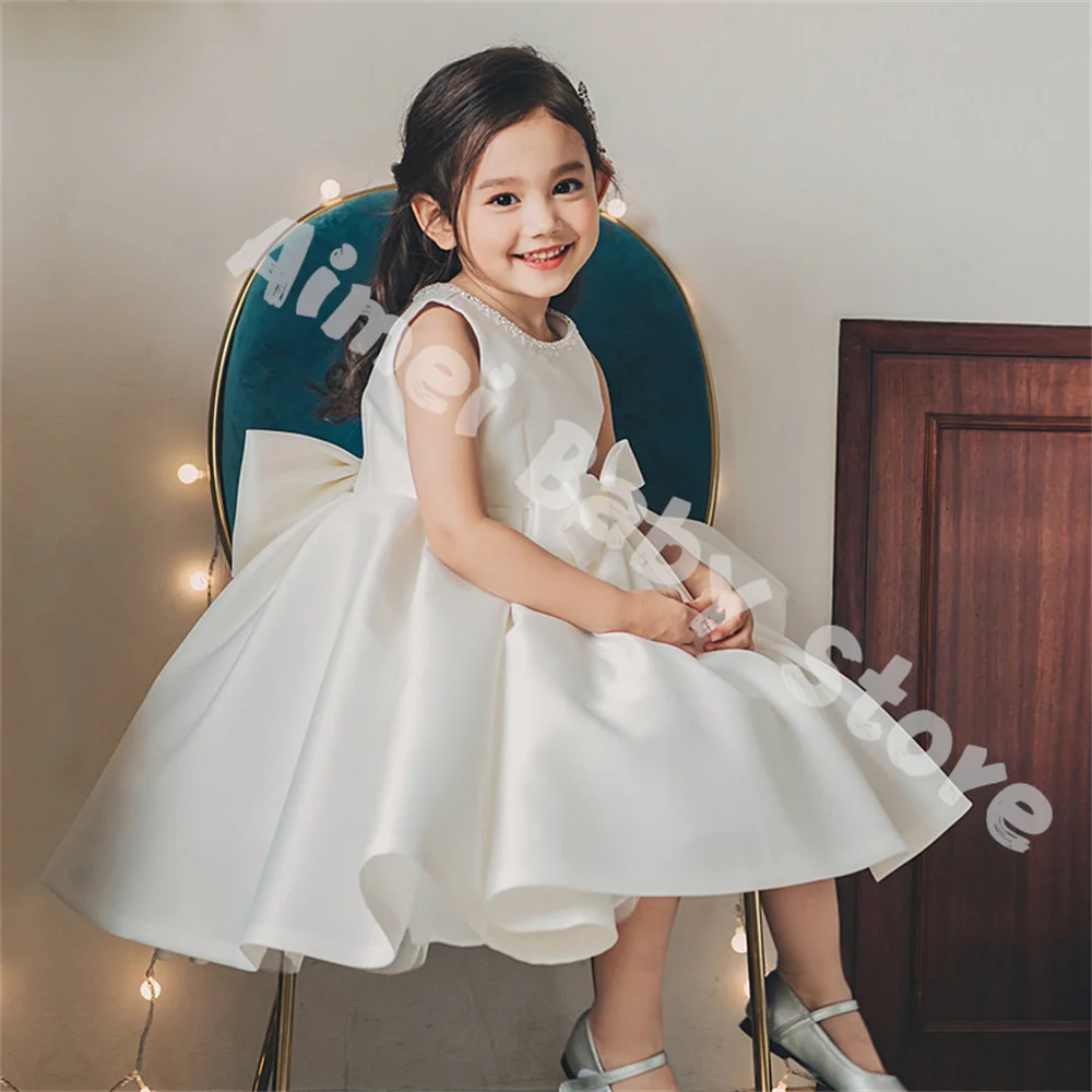 Flower Girl Dresses First Communion Dress White Sleeveless For Weddings Bow Tulle Party Little Girls Pageant Princess Dress