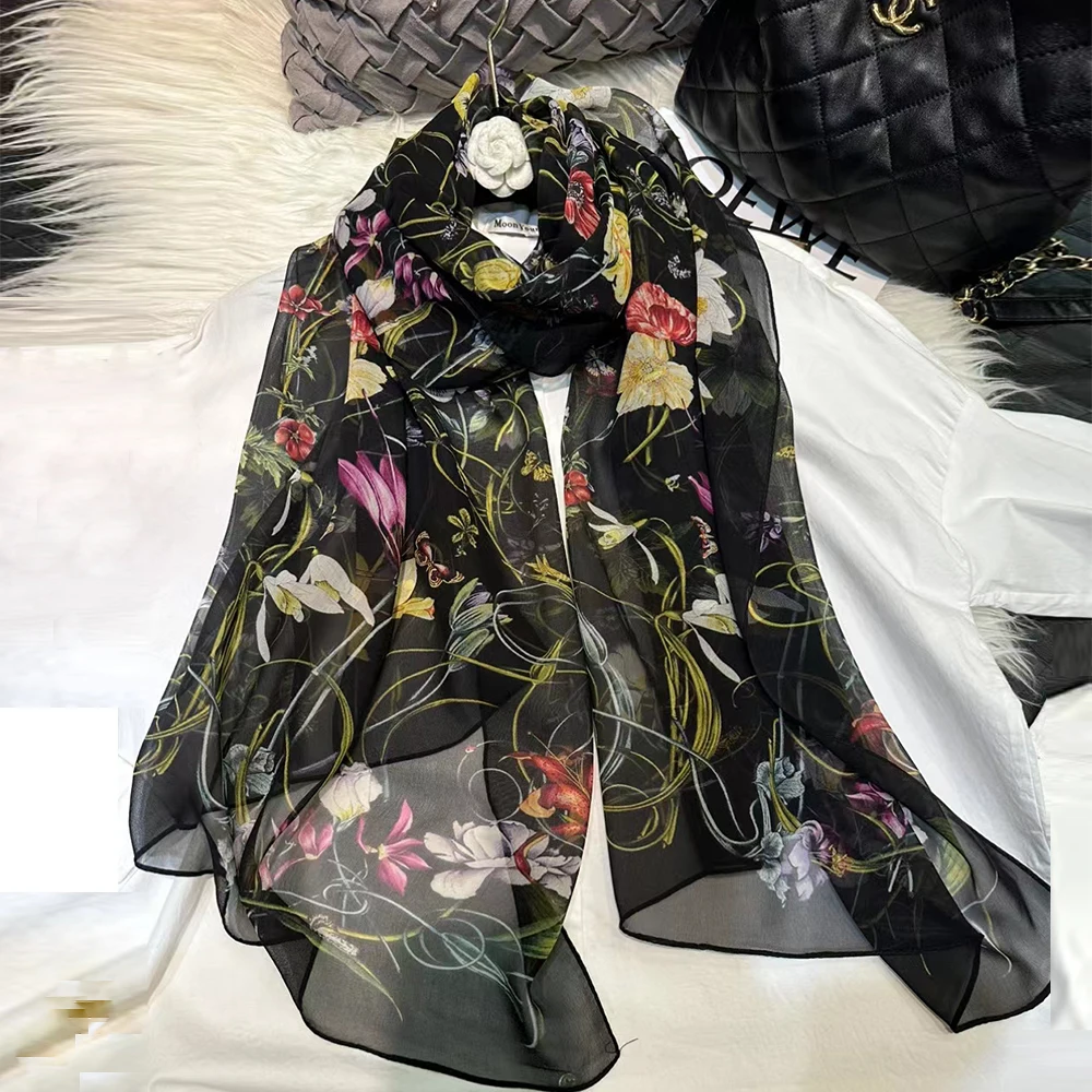 BYSIFA-bufanda larga de seda pura para mujer, chal elegante con estampado Floral, color negro, a la moda, para playa y verano, novedad