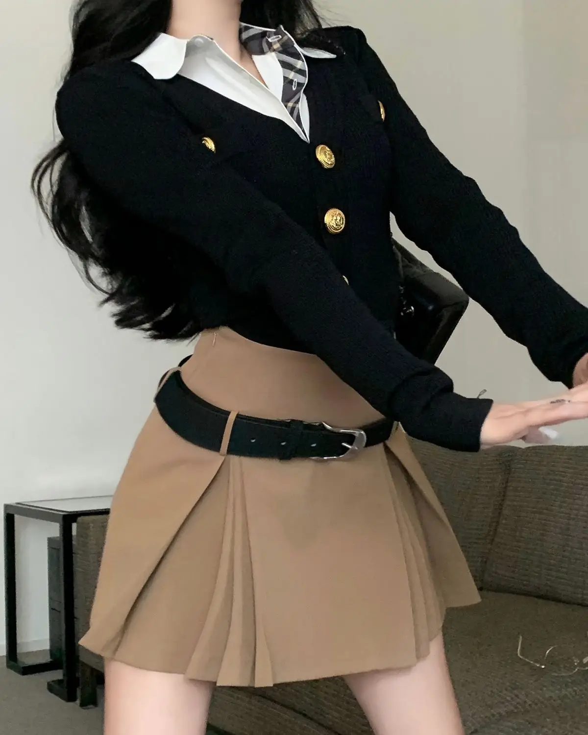 Conjunto completo de saia de cintura alta e cinto, estilo coreano-americano, uniforme JK com decote em v, parte superior de malha hot girl diário, primavera e outono