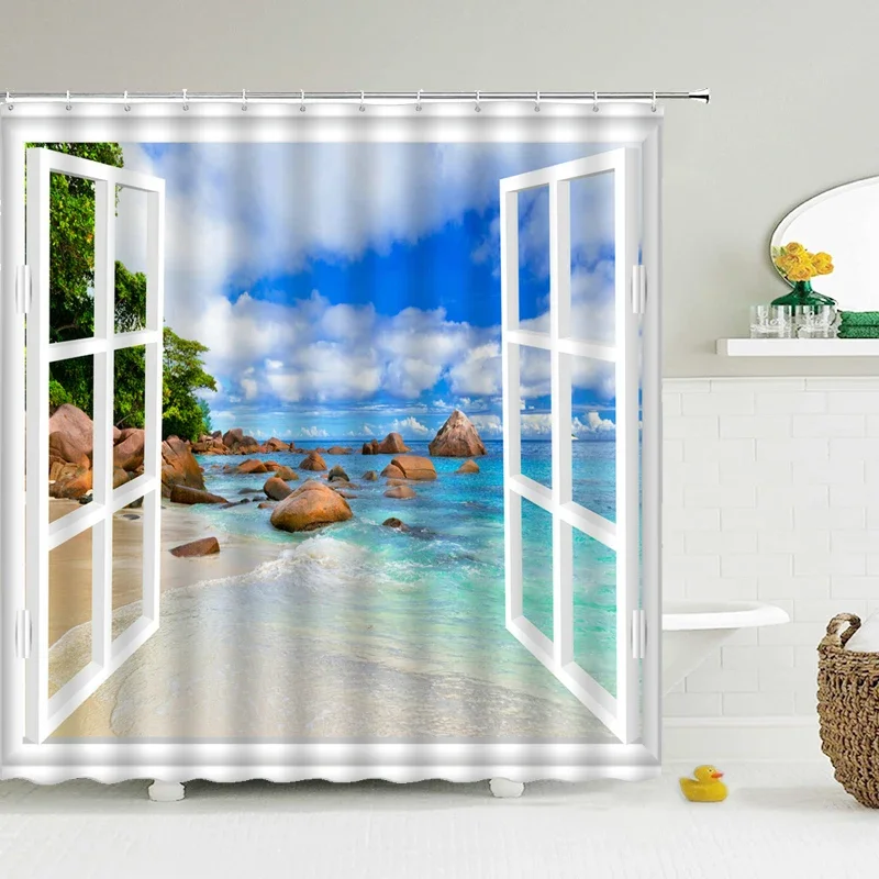 3D Shower Curtain Sunny Beach Seaside landscape Printed Bathroom Curtain Waterproof Fabric With Hooks Home Decorate Bath Screen