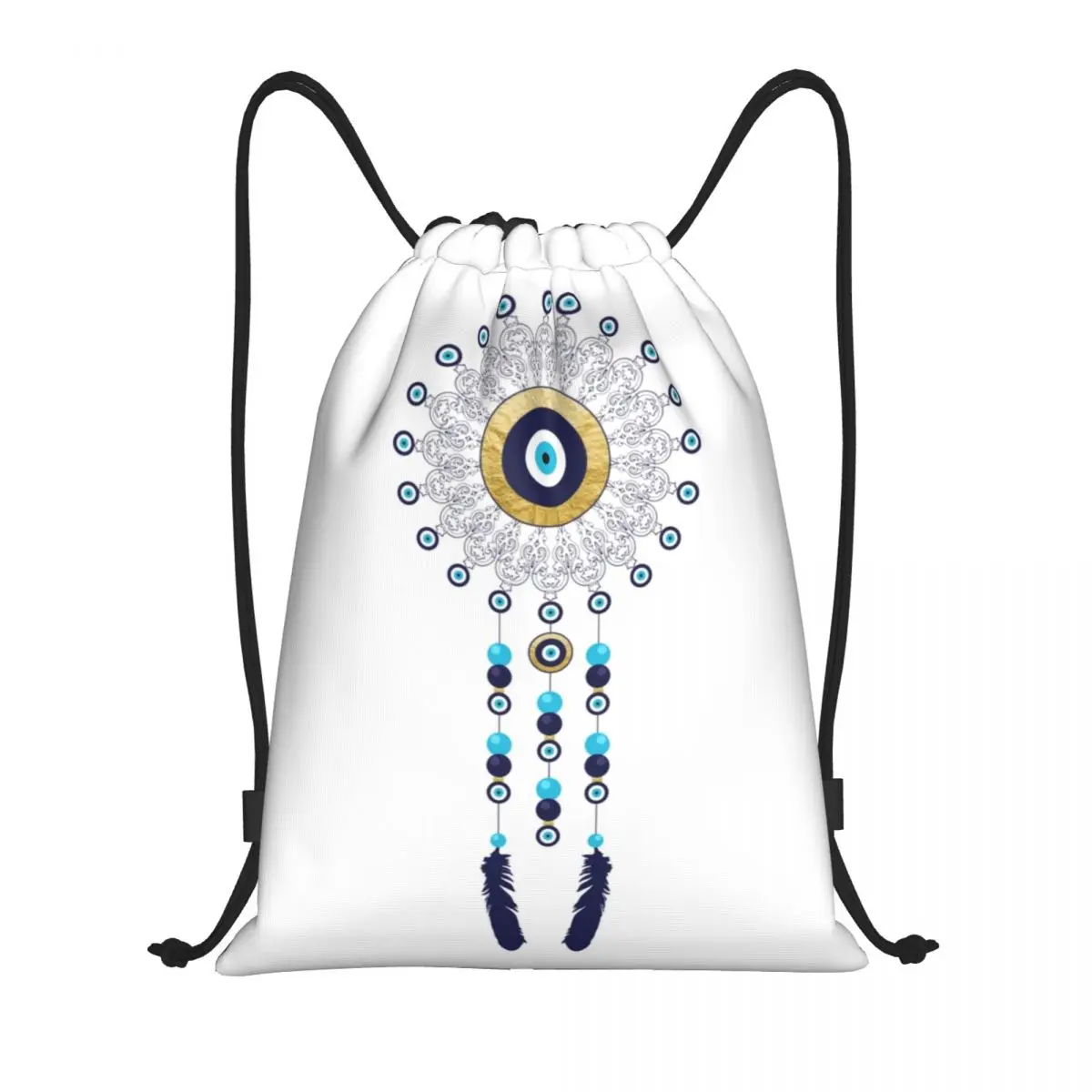 Boho Chic Evil Eye Mandala Dream Catcher Drawstring Backpack Gym Sport Sackpack Foldable Hamsa Nazar Bohemian Training Bag Sack