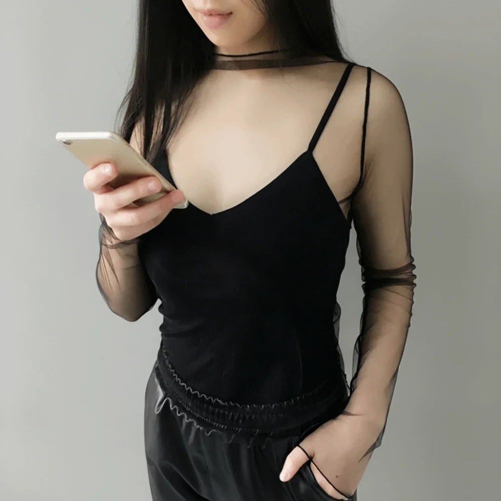 

New Half High Collar Lace Tops Thin High Collar Long Sleeve Top Transparent Mesh Top Daily Wear