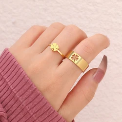 Stainless Steel Rings Trendy Vintage Clover Fashion Adjustable Couple Ring For Women Jewelry Wedding Eachother Gifts 2Pcs/set