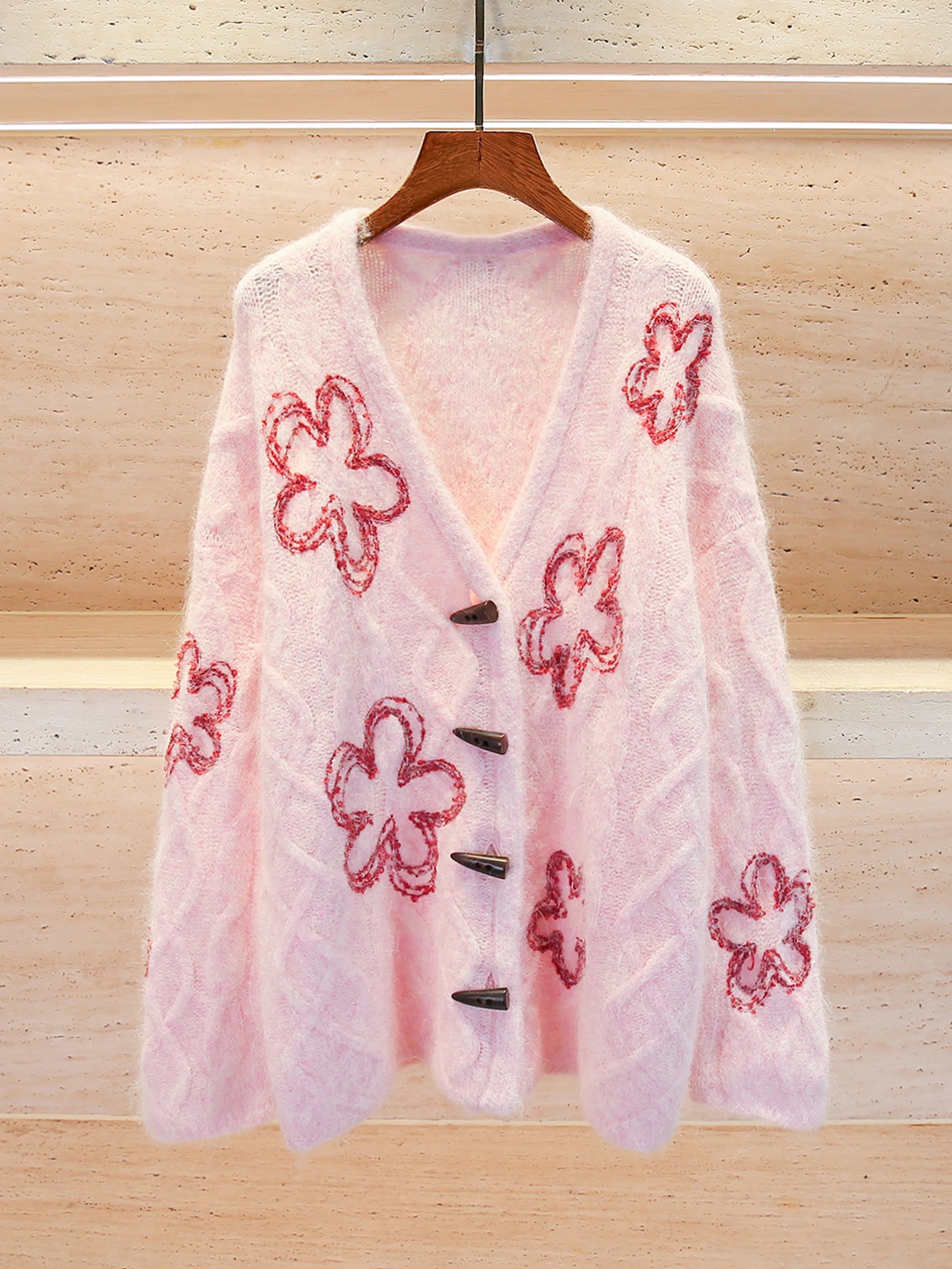 

Premium Women's Knitted V-Ne Sweater Coat Pink Embroidery Autumn Winter Faion French Sle Medium Softn Long Sve