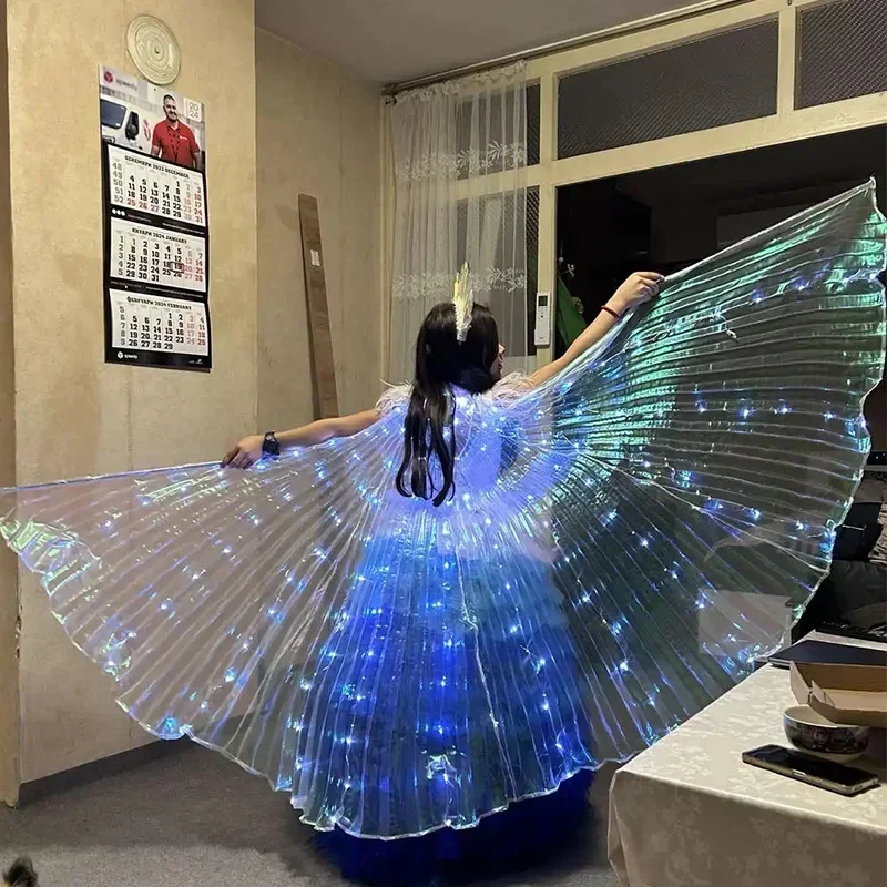 LED Dance Fairy Wings Cloak Children Dancers Colorful Butterfly Wings+Stick Stage Performance Belly Dancing Carnival Party Prop