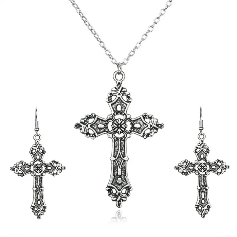 Trendy Cross Pendant Drop Earrings for Women Baroque Fashion Vintage Dangle Goth Necklace Religious Jewelry Thanksgiving Gift