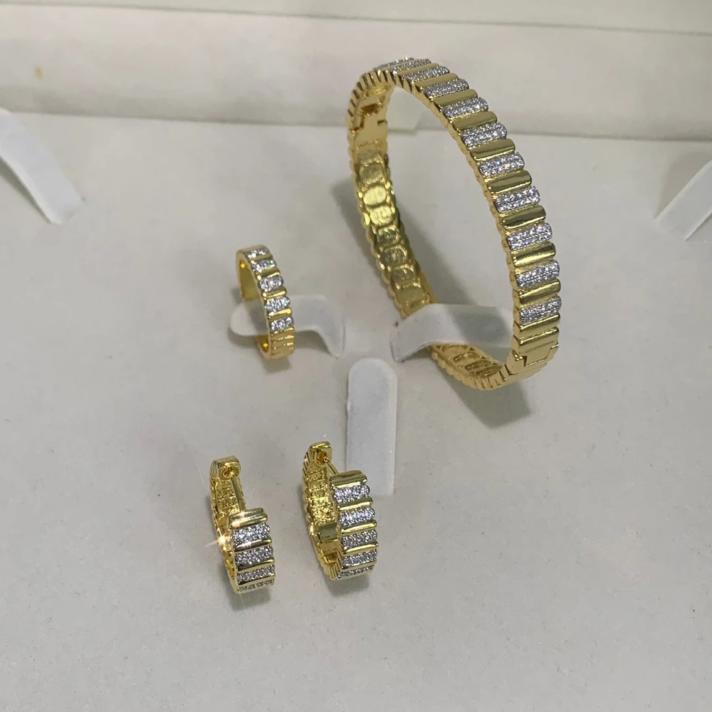 Fashion Gold Color Women Jewelry Set Geometric Fluted Design CZ Plain Mix 20MM Hoop Earring Ring Bangle Set