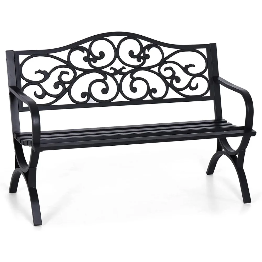 

50" Outdoor Garden Bench Patio Park Bench, Cast Iron Metal Frame Furniture with Floral Design Backrest for Porc