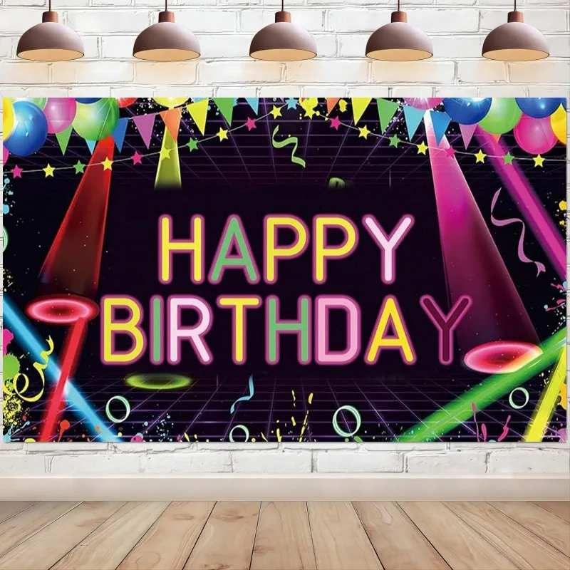 Happy Birthday Backdrop Let's Glow Neon Laser Glow in The Dark Photography Background Party Decoration Banner Photo Booth Props