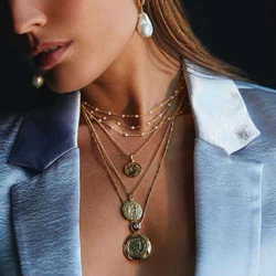 Fashion Faux Pearl Gold-plate Head Portrait Coin Pendant Necklaces For Women Vintage New Female Necklace Jewelry Gift Wholesale