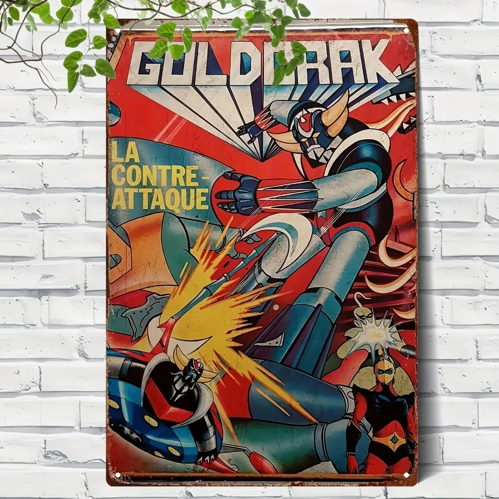 Retro Metal Sign Plaque A Classic Anime Goldorak  Painting, Robot Battle Scene Recreation in Vintage Nostalgic Style