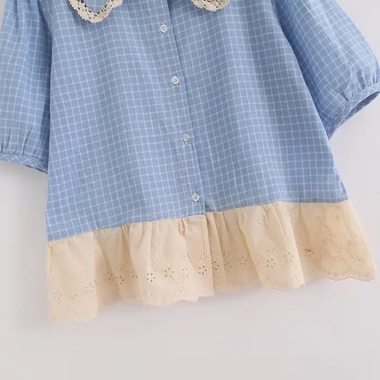 Japonês doce mori menina vintage xadrez rendas retalhos camisas femininas verão bonito peter pan colarinho manga curta blusa casual topos