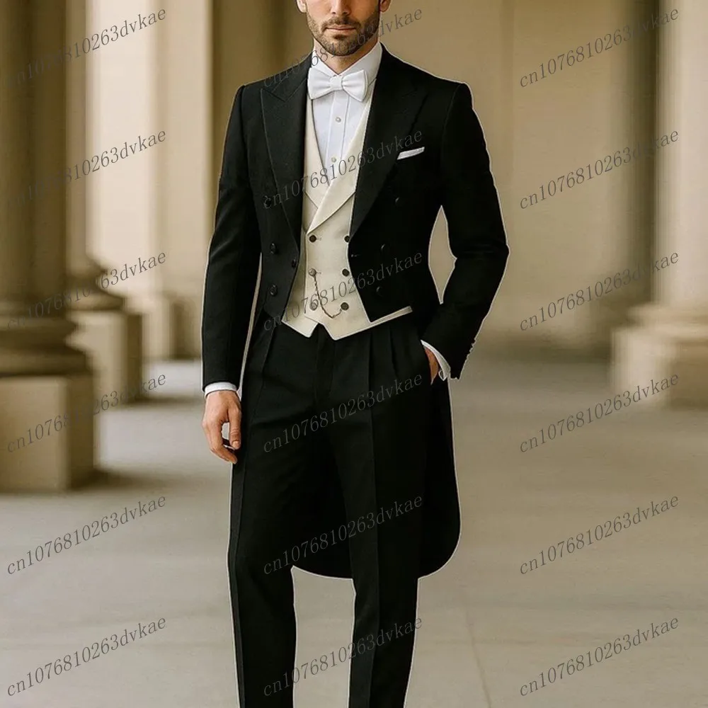 

New Long Blazer Black And Ivory Men Suit Wedding Party Formal Groom Prom Business Male Tuxedos 3 Piece Set Jacket Vest Pants