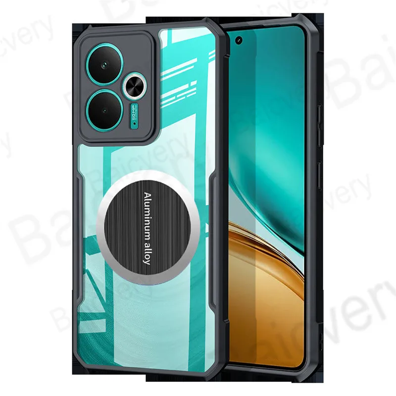 ل Realme 14 5G RMX5075 14T RMX5078 غطاء أكريليك شفاف مع ملصق جذب مغناطيسي معدني