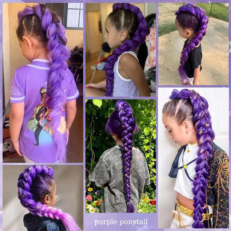 Cola de caballo trenzada sintética morada de 32 pulgadas con brillantina, extensión súper brillante para niños, cosplay de Navidad 6