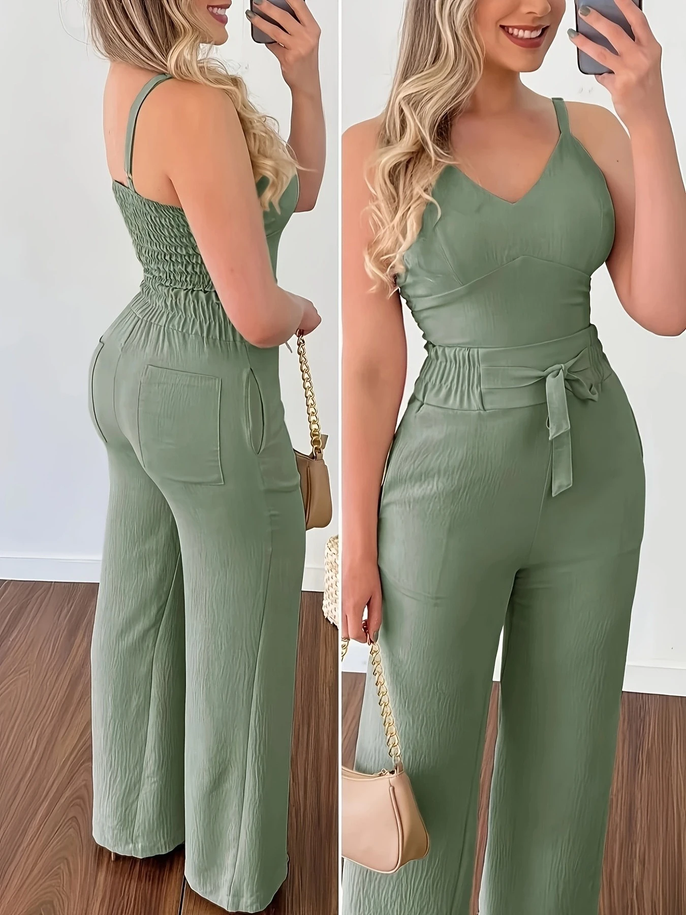 Women's V Neck Spaghetti Strap Smocked Back Crop Cami Top with Self Tie Elastic Waist Wide Leg Pants 2 Piece Matching Outfit Set