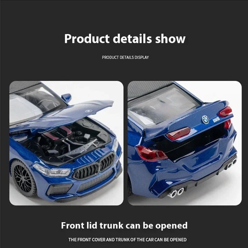1:32 BMW M8 合金車モデル、サウンド＆ライト、スプリングバックアクション、子供用プレイルーム玩具＆コレクターズアイテム ミニチュアモデル合金車