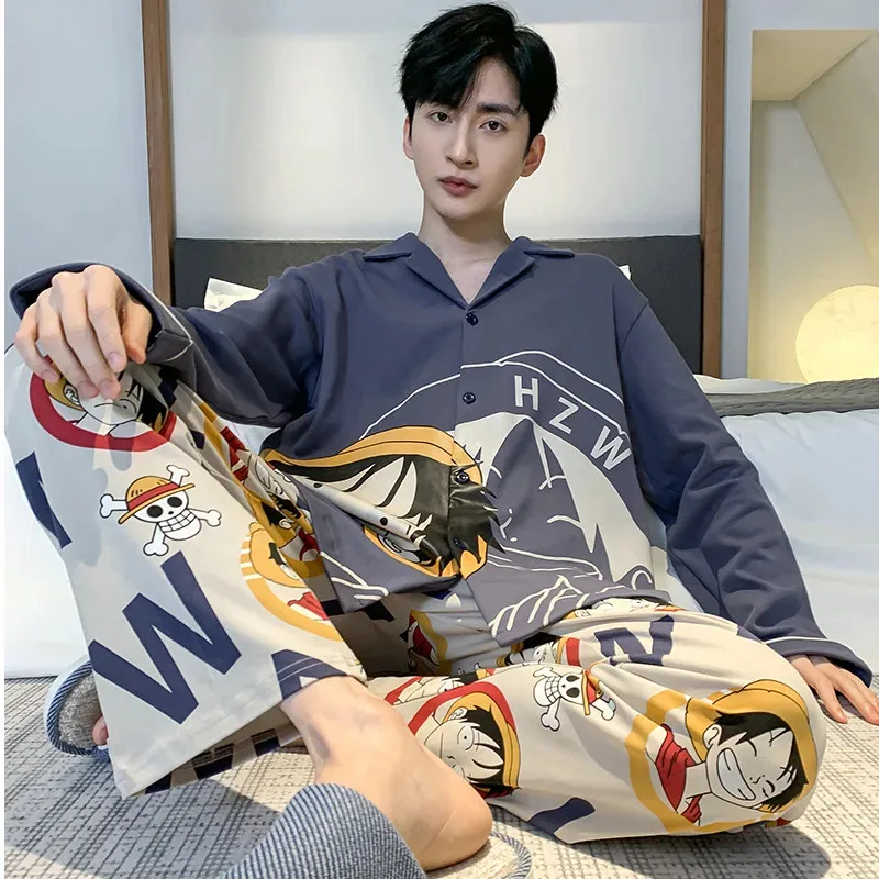 

ONE PIECE New cotton long-sleeved trousers pajamas men's spring and autumn lapel comfortable loungewear two-piece set