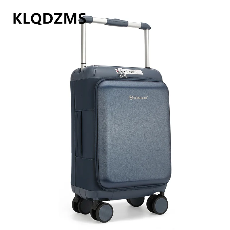 KLQDZMS Zipper Luggage 20 Inch Boarding Case Front Opening Laptop Trolley Case USB Charging Multi-function Cabin Suitcase