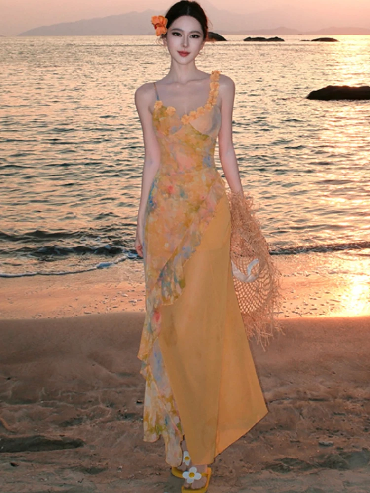 

Женское летнее элегантное шифоновое платье макси с цветочным принтом, оборками и вставками, на бретельках, сексуальное, в стиле бохо, корейское, облегающее, для фестивалей, 2026