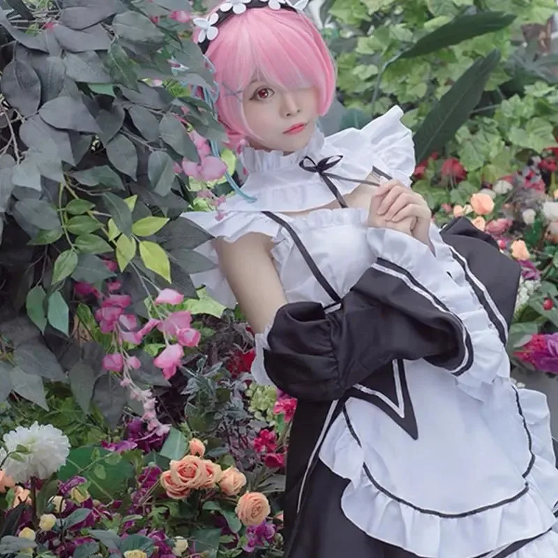 qq78Request7Anime Ram Rem Cosplay Re:zero Kara Hajimeru Isekai Seikatsu disfraz negro niñas traje de sirvienta mujeres delantal vestido Hallow