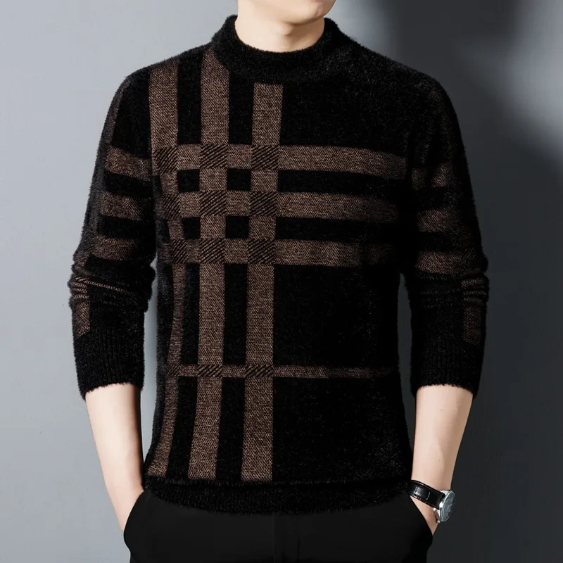 Men's Round Neck Sweater Middle-aged Casual All-match Striped Thickened Ferret Velvet Knitted Top