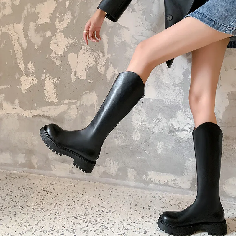 FEDONAS Genuine Leather Women Platforms Knee High Boots Autumn Winter Concise Thick Heels Casual Fashion Long Boots Shoes Woman