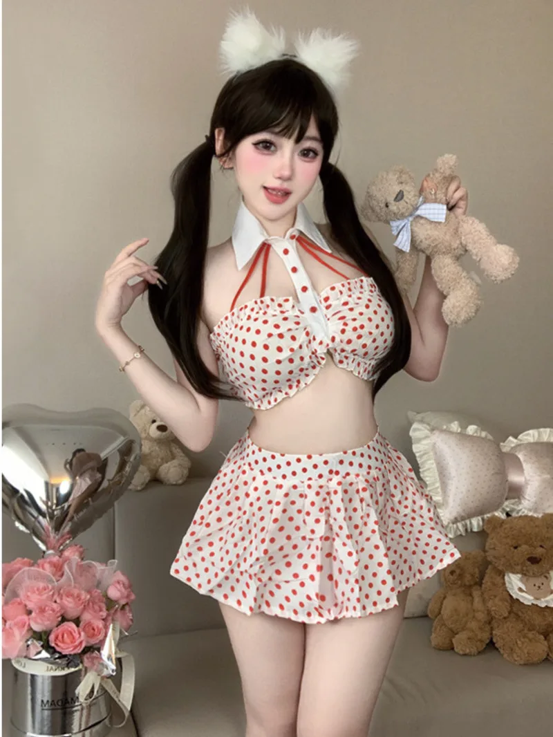 

Сексуальный костюм с воротником на пуговицах, юбка с принтом в красный горошек, комплекты с открытой спиной и глубоким V-образным вырезом, висячая юбка без рукавов, очаровательные комплекты Pure Desire RFPJ