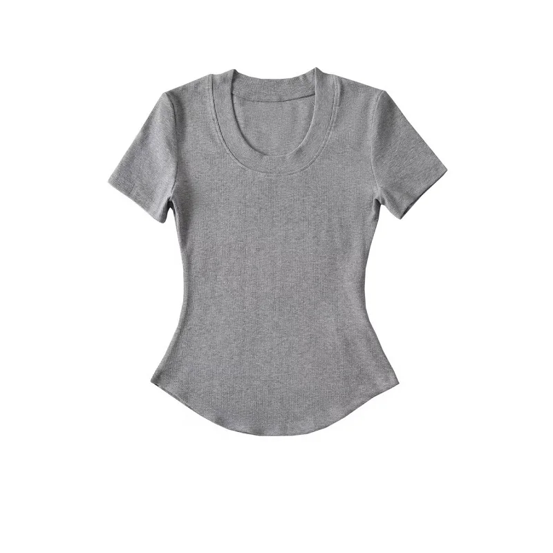 Slim Fit ort Sve T-irt Women's Summer New Sle Pure Color U-Ne Ant Waist Hot Girl Street Sle Versatile ort Top