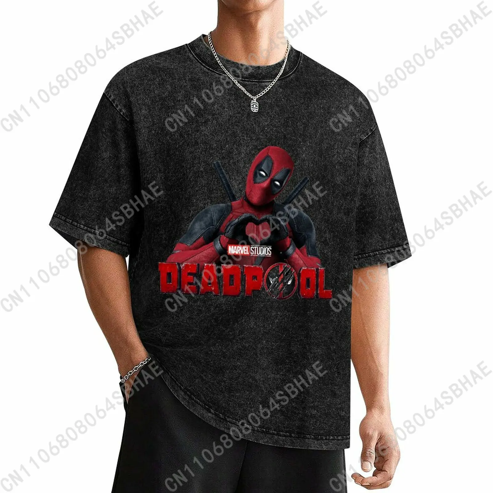 

Marvel Deadpool Custom Mens Vintage T Shirt Washed Distressed Tee Men Retro Short Sleeve Personalized Cotton Shirt Cosplay