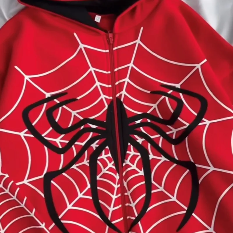 Spider Web Red Graphic Hoodies Women\'s Clothing Warm Harajuku Vintage Grunge Y2k Zip Up Oversized Streetwear Sweatshirt Top Coat