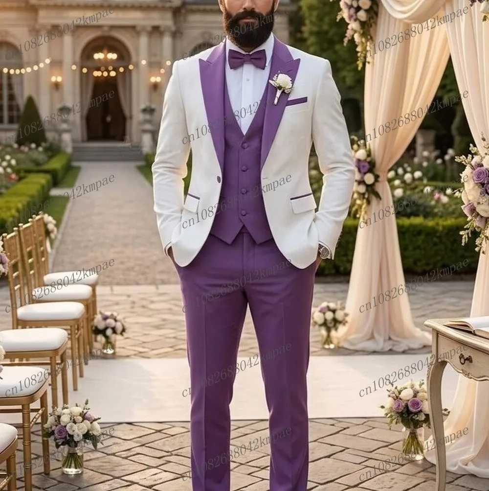 

White And Purple Formal Men Suit Groom Groomsman Wedding Party Prom Business Male Tuxedos 3 Piece Set Blazer Vest Pants