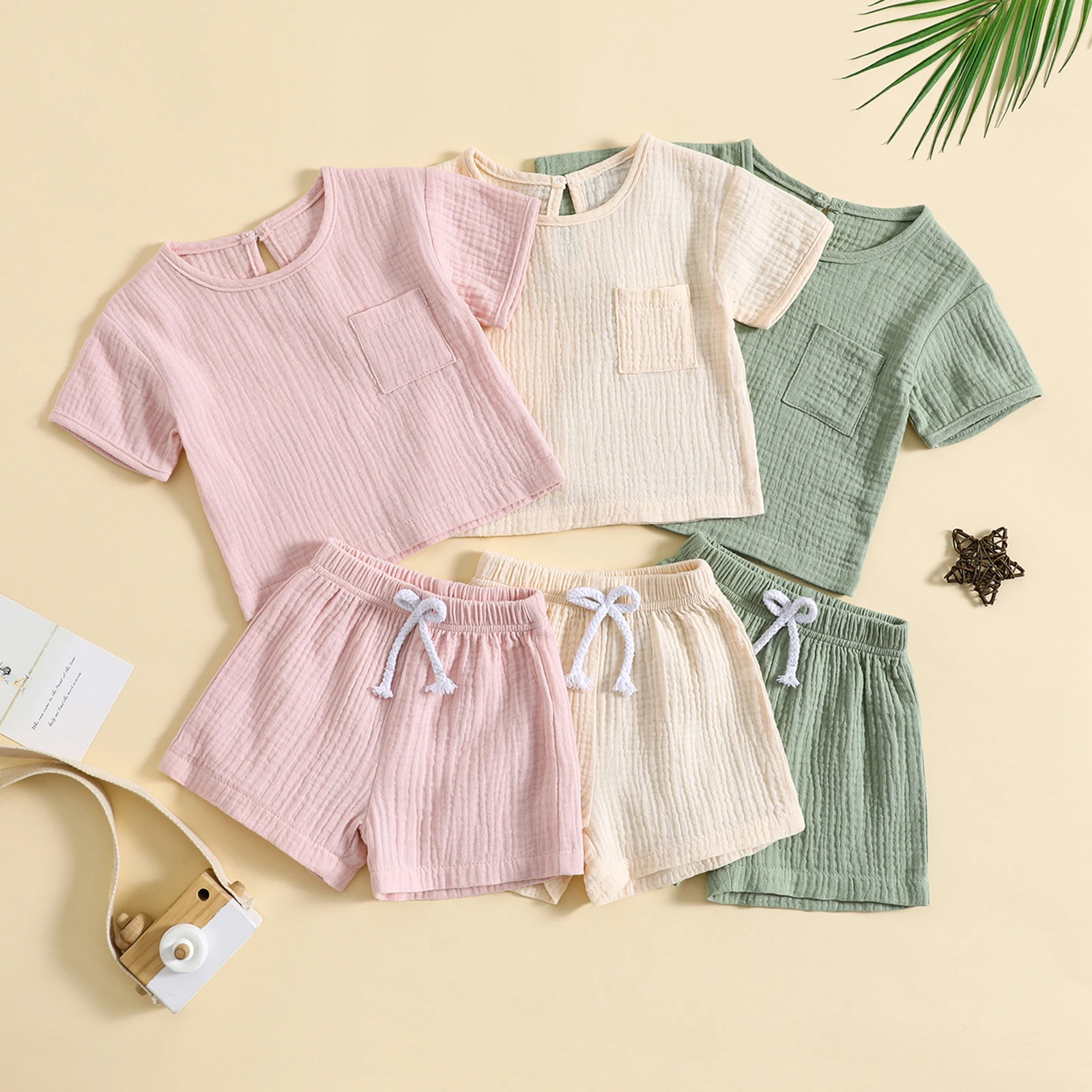 

Baby Boys Girls Summer Outfits Set Short Sleeve Pocket T-Shirt Tie Front Shorts Set Toddler Baby Cotton Linen Clothes Sets