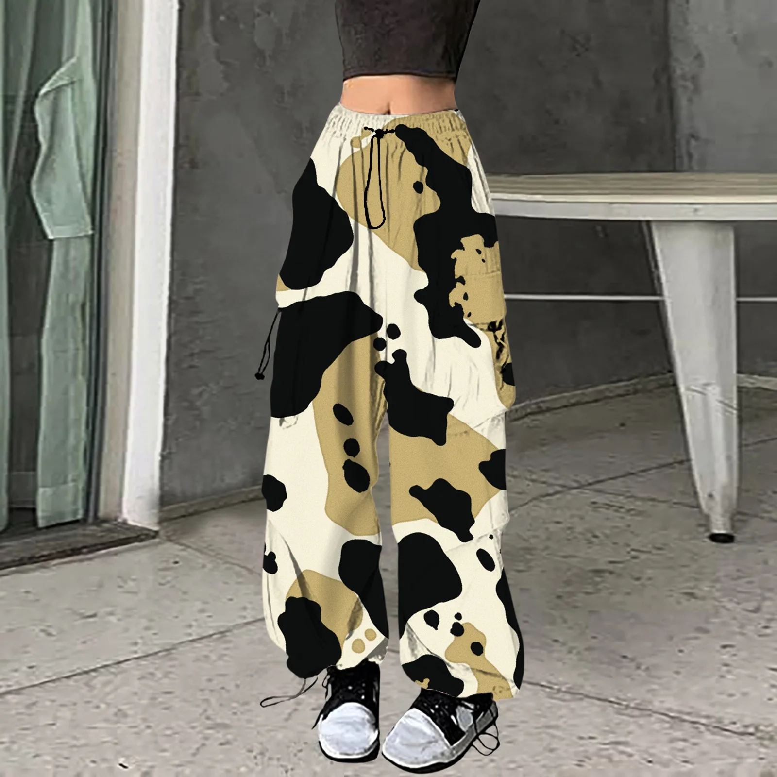 Womens Baggy Cargo Camo Print Pants Streetwear Hip Hop Joggers Sweatpants Drawstring Casual Loose Wide Leg Tan Sweatpants