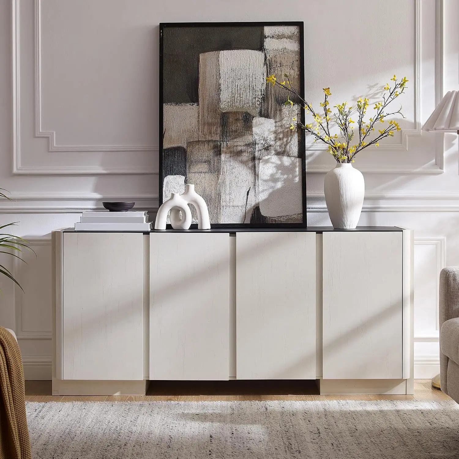 66'' TV Stand Entertainment Center Media Console Adjustable Shelf Side Cabinets Antique White, Customized