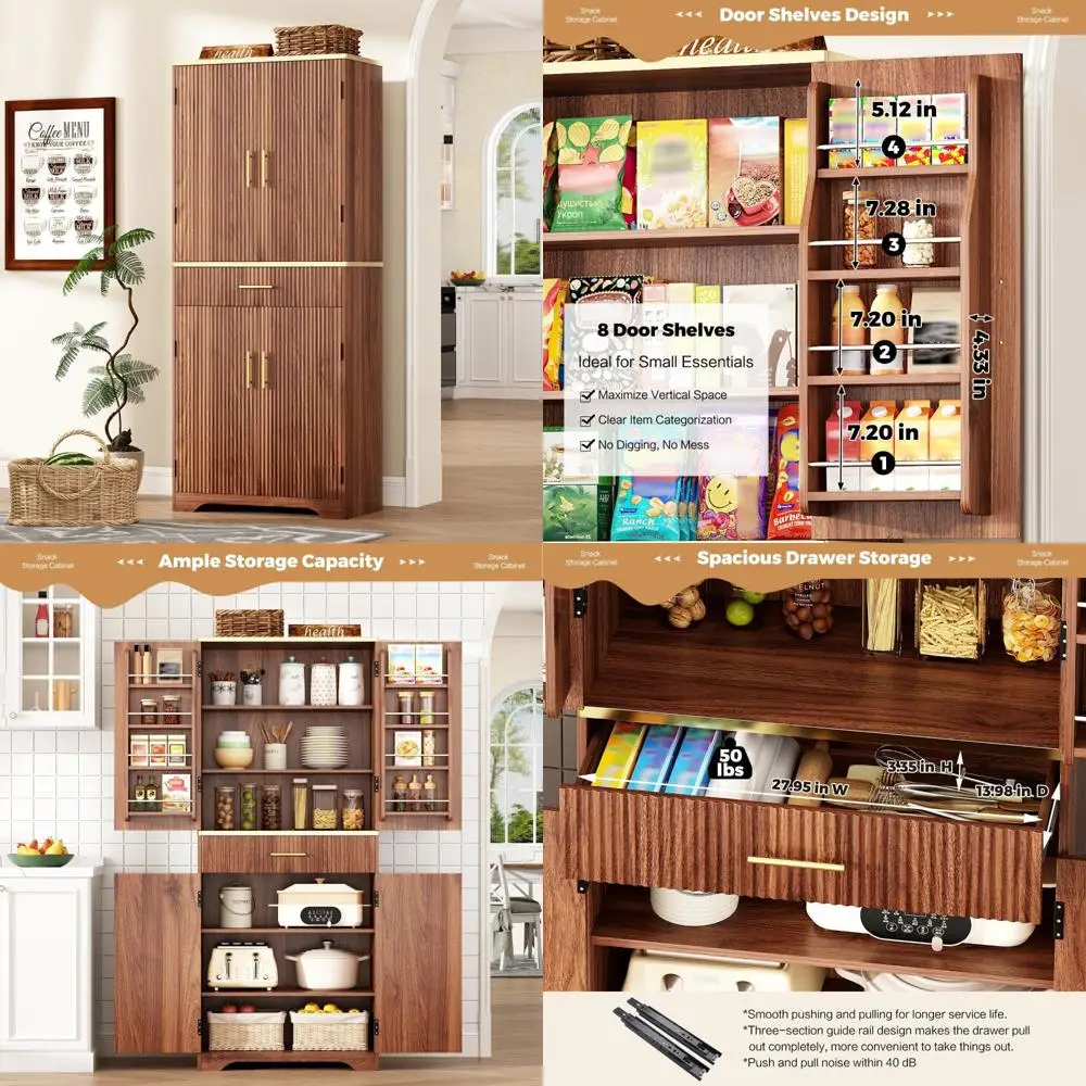 

Modern 71 Tall Fluted Pantry Cabinet with 4 Doors, Drawer, and 8 Shelves for Kitchen Storage