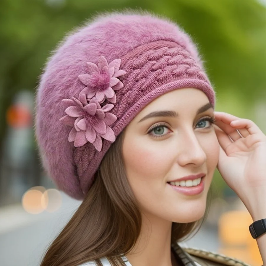 Hat Women\'s Winter New Korean Edition Warm Hat Solid Beret Warm Knitted Rabbit Hair Hat Autumn and Winter