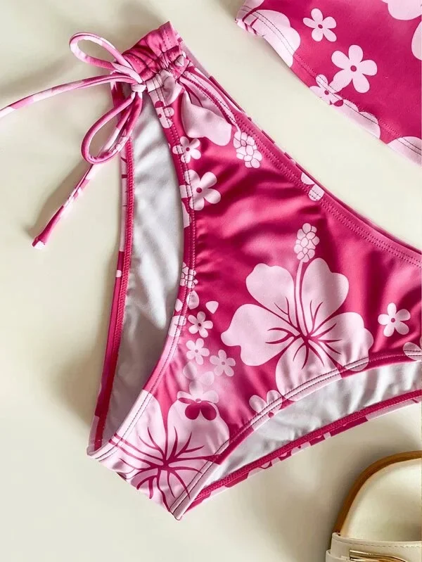 水着花柄女性スーツ 2 点セットプリントビーチウェアホルタービキニセットレースアッププッシュアップタンキニ水着女性