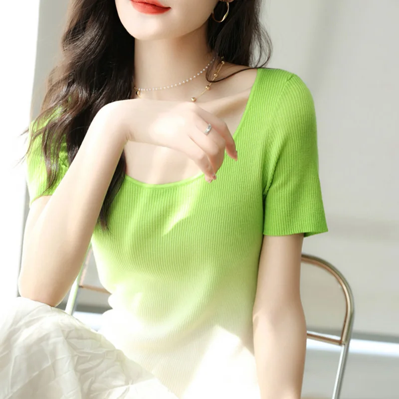 

2023 New Spring Summer Fashion Simplicity Patchwork Solid Color O-neck Short Sleeve T-Shirt Femme Trend Pullover Knitwear Tops