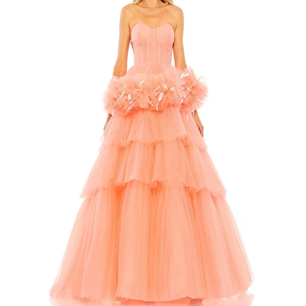 

Women's A-line Evening Dresses Floor-length Strapless Sleeveless Prom Gown Fashion Pleat Ruched Feathers Draped Customized Gown