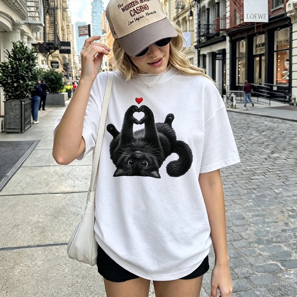 Cute Black Cat Making Heart Shape with Paws Graphic T-shirt Lovely Heart Cartoon Kitty Print Short Sleeve Tee Cat Lover Gift Top