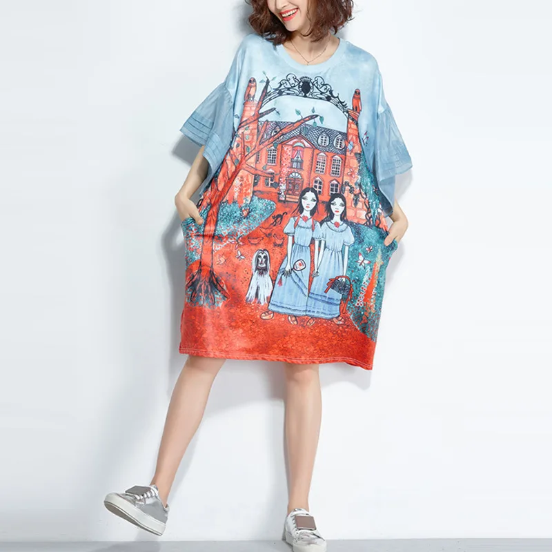 الصيف قصيرة الأكمام المتضخم فستان حجم كبير المرأة الكرتون تي شيرت مطبوع عطلة الشاطئ فستان فضفاض الملابس النسائية