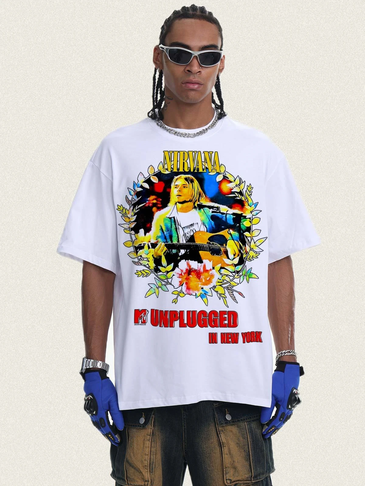 Nirvana Kurt Graphic Heavyweight T-Shirt for Men Street-Style Vintage Crew Neck Short-Sleeve Breathable Sweat-Wicking Tee